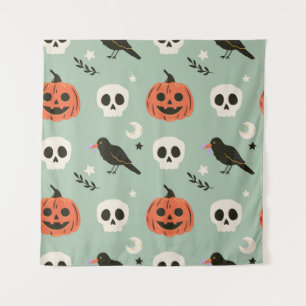 Halloween seamless pattern with ravens, skulls and tapestry