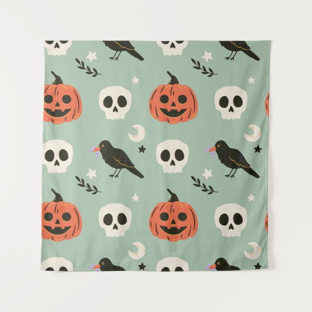 Halloween seamless pattern with ravens, skulls and tapestry (Front)