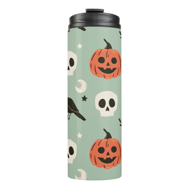 Halloween seamless pattern with ravens, skulls and thermal tumbler (Front)