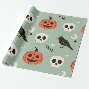 Halloween seamless pattern with ravens, skulls and wrapping paper