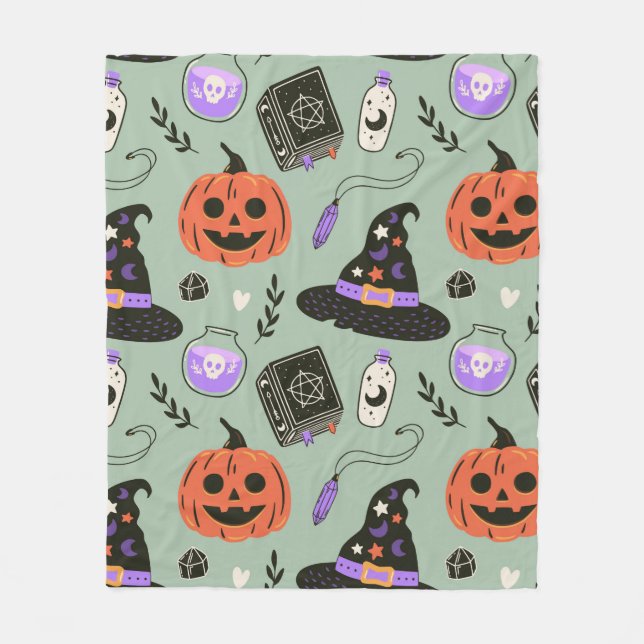 Halloween seamless pattern with witch hat,pumpkin  fleece blanket (Front)
