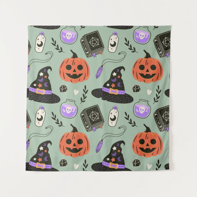 Halloween seamless pattern with witch hat,pumpkin  tapestry (Front)