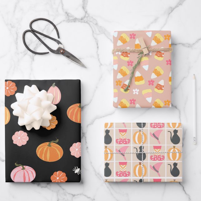 Halloween Season Pumpkins, Candy Corn, Black Cats Wrapping Paper Sheet (Front)