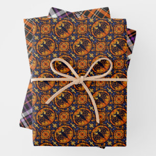 Halloween Set 2: Bat & Two Plaid Patterns Wrapping Paper Sheet