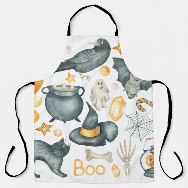 Halloween set: bat, black cat, spider, black crow  apron (Front)