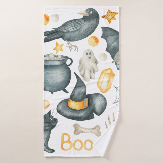 Halloween set: bat, black cat, spider, black crow  bath towel (Bath Towel)