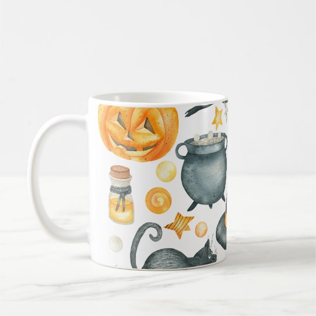 Halloween set: bat, black cat, spider, black crow  coffee mug (Left)