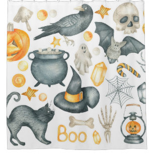 Halloween set: bat, black cat, spider, black crow shower curtain