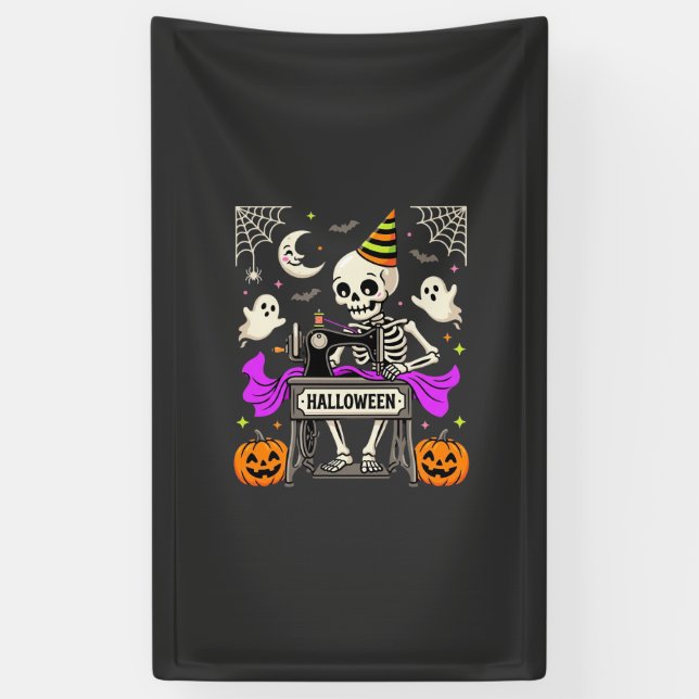 Halloween Sewing Skeleton Spooky Ghost Pumpkin Sew Banner (Vertical)