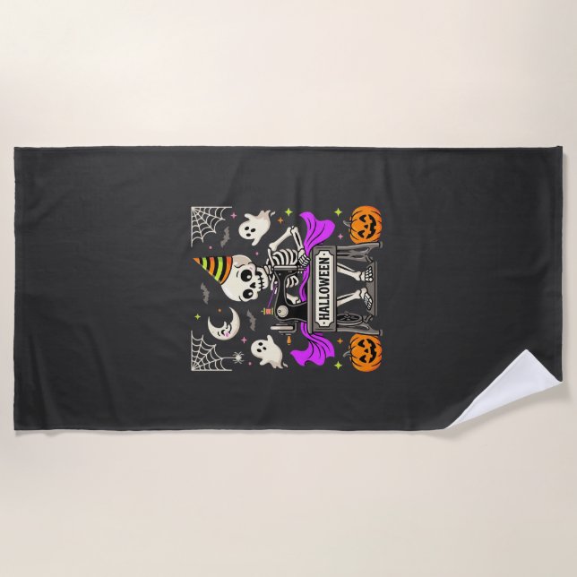 Halloween Sewing Skeleton Spooky Ghost Pumpkin Sew Beach Towel (Front)