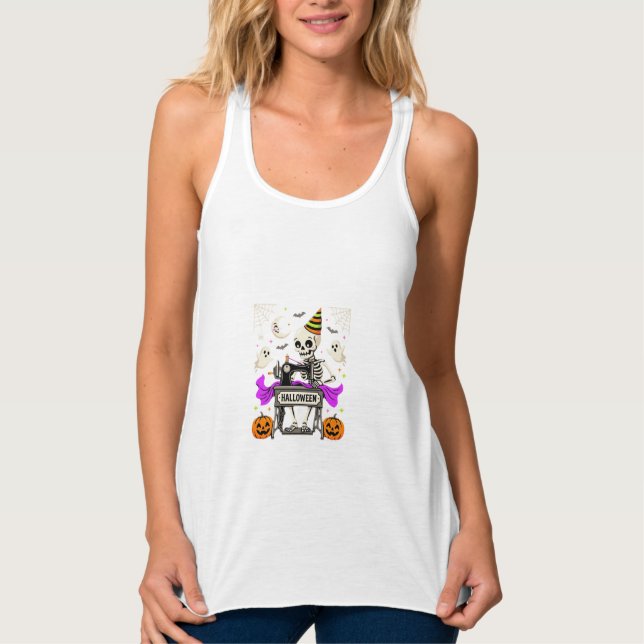 Halloween Sewing Skeleton Spooky Ghost Pumpkin Sew Singlet (Front)