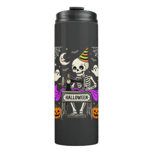 Halloween Sewing Skeleton Spooky Ghost Pumpkin Sew Thermal Tumbler
