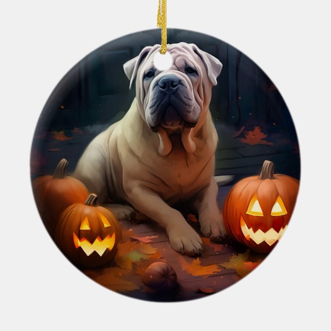 Halloween Shar Pei With Pumpkins Scary Ceramic Tree Decoration (Back)