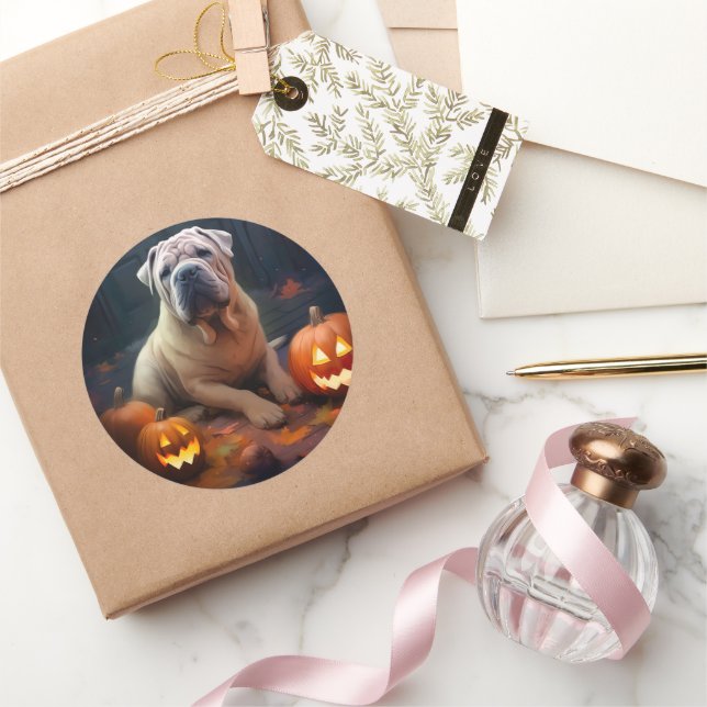 Halloween Shar Pei With Pumpkins Scary Classic Round Sticker (Gifting)