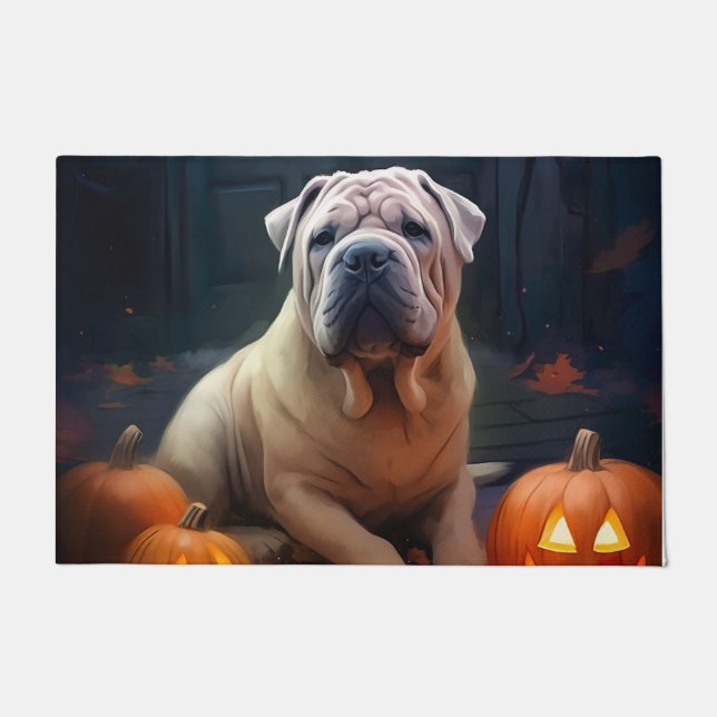 Halloween Shar Pei With Pumpkins Scary Doormat (Front)