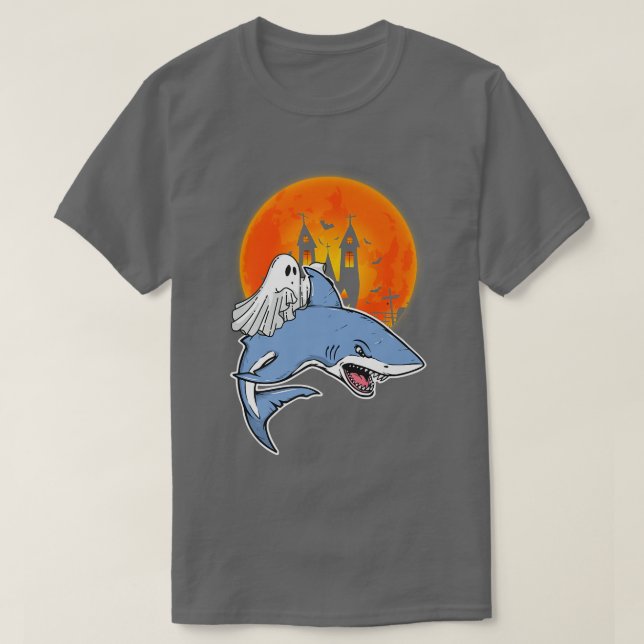 Halloween Shark Ghost Funny Pumpkin T-Shirt (Design Front)