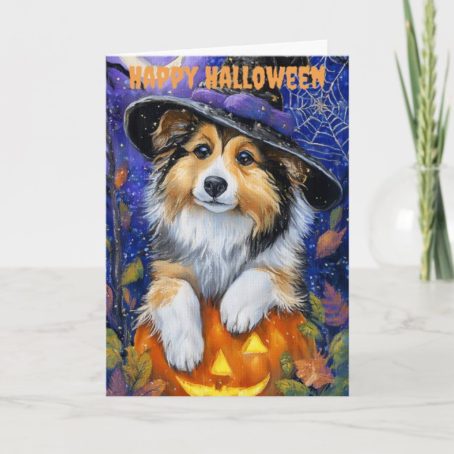 Halloween Shetland Sheepdog Dog Holiday Card (Front)