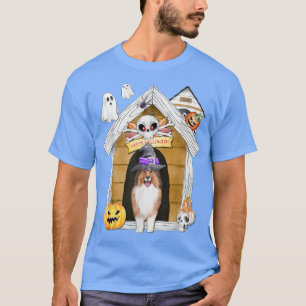 Halloween Shetland Sheepdog Dog Witch Haunted Hous T-Shirt