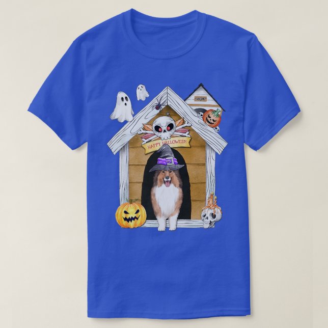 Halloween Shetland Sheepdog Dog Witch Haunted Hous T-Shirt (Design Front)
