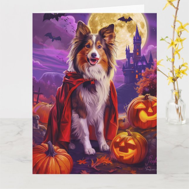 Halloween Shetland Sheepdog Vampire Pumpkins Scary Card (Yellow Flower)
