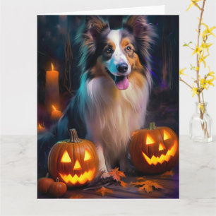 Halloween Shetland Sheepdog With Pumpkins Scary  Card