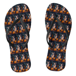 Halloween Shetland Sheepdog With Pumpkins Scary Jandals