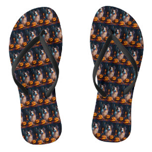 Halloween Shetland Sheepdog With Pumpkins Scary  Jandals