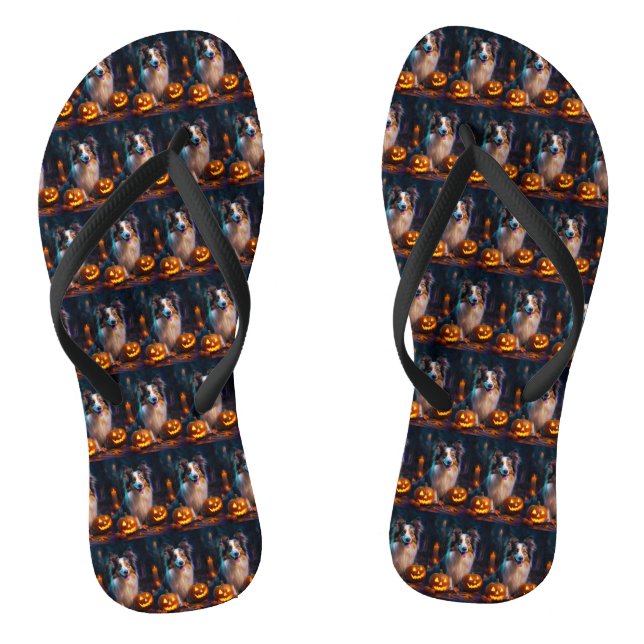 Halloween Shetland Sheepdog With Pumpkins Scary  Jandals (Footbed)