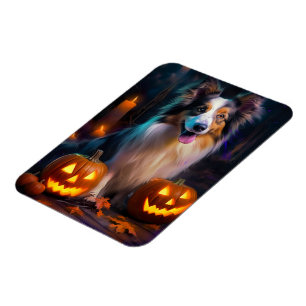 Halloween Shetland Sheepdog With Pumpkins Scary  Magnet
