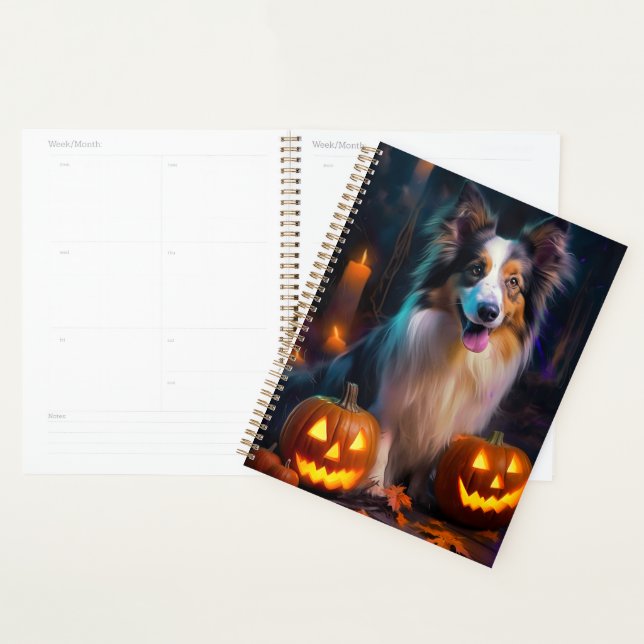 Halloween Shetland Sheepdog With Pumpkins Scary  Planner (Display)