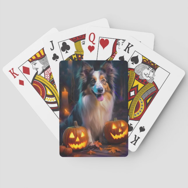 Halloween Shetland Sheepdog With Pumpkins Scary  Playing Cards (Back)