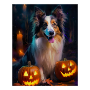Halloween Shetland Sheepdog With Pumpkins Scary Poster