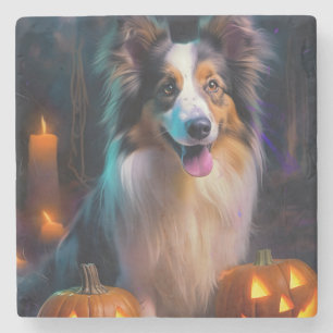 Halloween Shetland Sheepdog With Pumpkins Scary  Stone Coaster