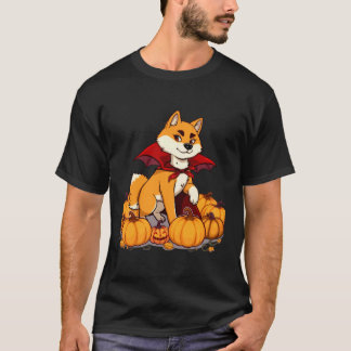 Halloween Shiba Inu in Vampire Cape with Pumpkins T-Shirt