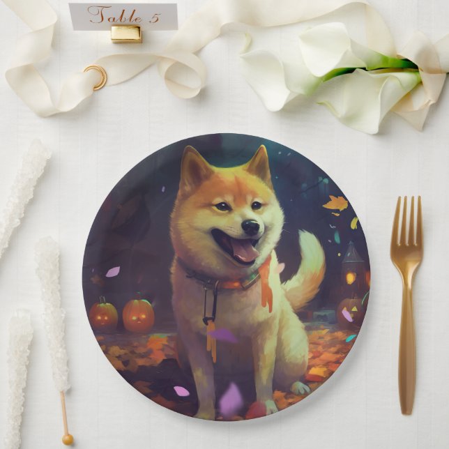 Halloween Shiba Inu With Pumpkins Scary Paper Plate (Wedding)