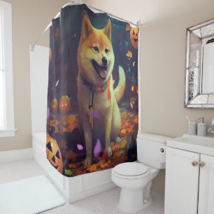 Halloween Shiba Inu With Pumpkins Scary Shower Curtain