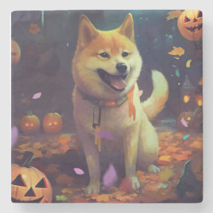 Halloween Shiba Inu With Pumpkins Scary Stone Coaster
