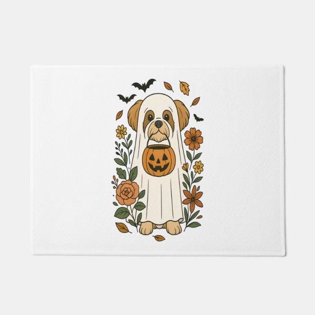 Halloween Shih Tzu with Fall Flowers Doormat (Front)