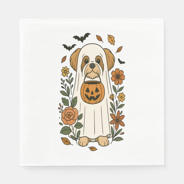 Halloween Shih Tzu with Fall Flowers Napkin (Front)