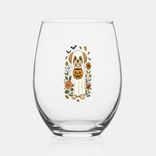 Halloween Shih Tzu with Fall Flowers Stemless Wine Glass