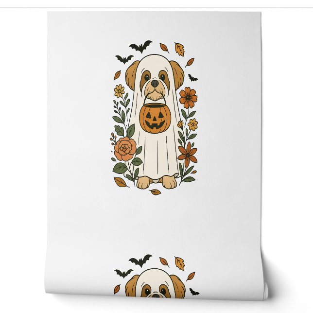Halloween Shih Tzu with Fall Flowers Wallpaper (Unrolling)