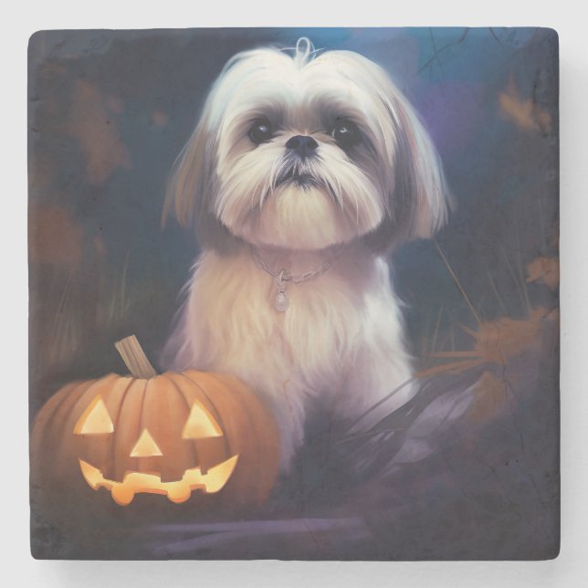 Halloween Shih Tzu With Pumpkins Scary Stone Coaster (Front)