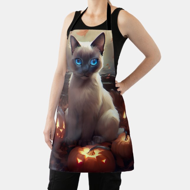 Halloween Siamese Cat With Pumpkins Scary  Apron (Insitu)