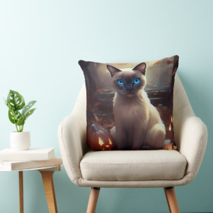 Halloween Siamese Cat With Pumpkins Scary Cushion