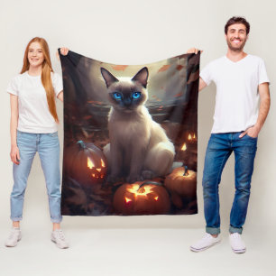Halloween Siamese Cat With Pumpkins Scary Fleece Blanket