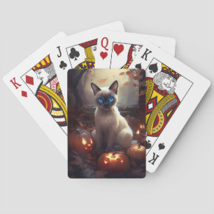 Halloween Siamese Cat With Pumpkins Scary Playing Cards