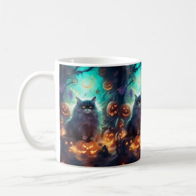 Halloween Siberian Cat With Pumpkins Scary Coffee Mug (Left)
