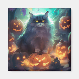 Halloween Siberian Cat With Pumpkins Scary Magnet