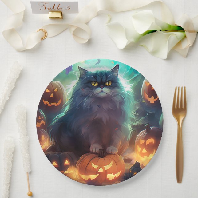 Halloween Siberian Cat With Pumpkins Scary Paper Plate (Wedding)