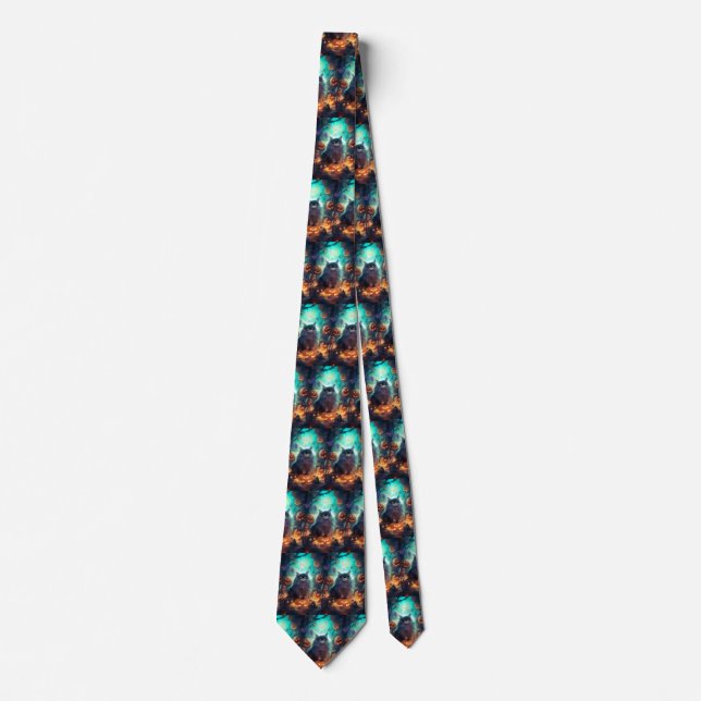 Halloween Siberian Cat With Pumpkins Scary Tie (Front)